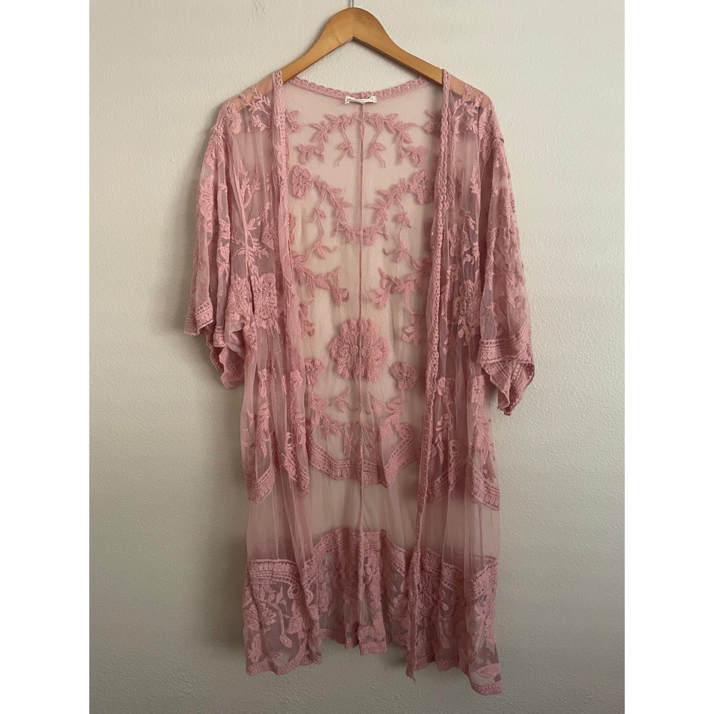 Long Pink Floral Lace Sheer Open Front Kimono Cardigan Boho Fairy Festival OS